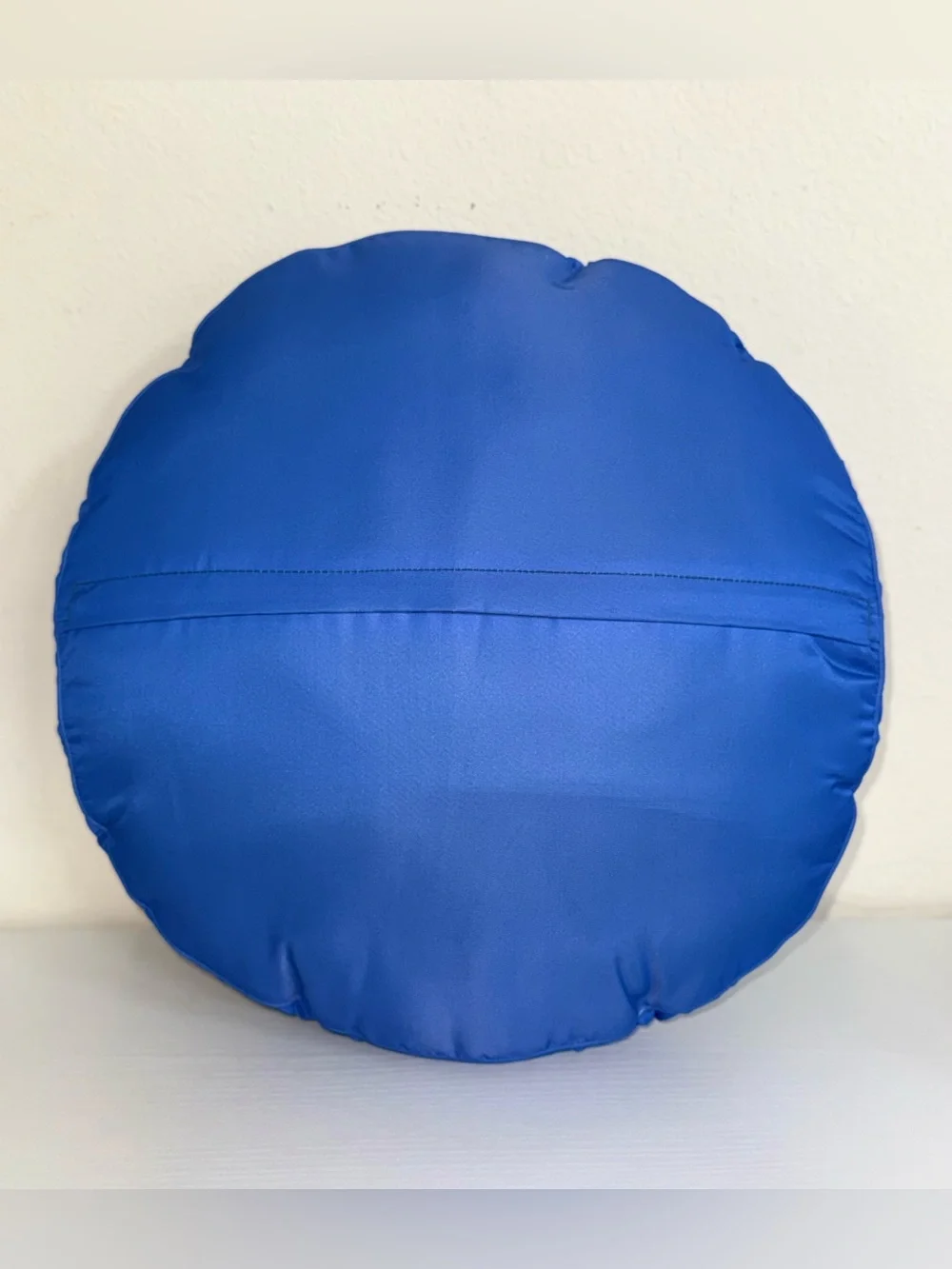 Vintage Round Needlepoint Floral Pillow - Royal Blue Satin Ruffled Trim 14”
